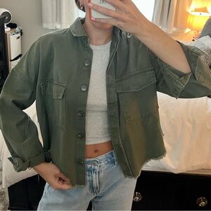 NIC & JO Cropped Raw Hem Green Shacket